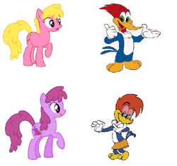 Size: 647x608 | Tagged: safe, artist:kooner-cz, artist:solusjbj, edit, imported from derpibooru, berry punch, berryshine, cherry berry, bird, earth pony, pony, background pony, clothes, crossover, female, gloves, male, mare, skirt, the new woody woodpecker show, winnie woodpecker, woodpecker, woody woodpecker
