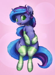 Size: 2263x3036 | Tagged: safe, artist:ahobobo, imported from derpibooru, oc, oc only, oc:blue monday, pony, unicorn, clothes, female, high res, looking at you, mare, simple background, socks, solo, striped socks