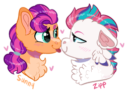 Size: 1672x1241 | Tagged: safe, artist:moccabliss, imported from derpibooru, sunny starscout, zipp storm, pony, boop, female, g5, lesbian, noseboop, shipping, simple background, sunnyzipp, tongue out, white background
