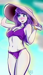 Size: 2000x3499 | Tagged: safe, artist:nolyanimeid, imported from derpibooru, rarity, equestria girls, alternate hairstyle, belly btton, bikini, bikini bottom, bikini top, blushing, bracelet, clothes, female, hat, high res, jewelry, lipstick, makeup, solo, sun hat, swimsuit