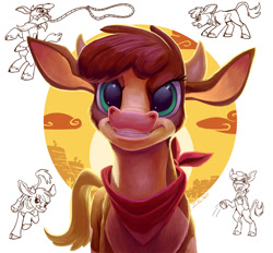 Size: 1500x1390 | Tagged: safe, artist:tsitra360, imported from derpibooru, cow, them's fightin' herds, arizona (tfh), bandana, cloven hooves, community related, female, looking at you, rope, sketch, smiling, smiling at you, stomping, sunset