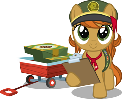 Size: 2282x1864 | Tagged: safe, artist:lightning stripe, derpibooru exclusive, imported from derpibooru, oc, oc only, oc:acorn cap, earth pony, pony, box, clipboard, commission, cookie, cookie box, cute, earth pony oc, female, filly, filly guides, food, front view, girl scout, girl scout uniform, green eyes, ocbetes, orange mane, scout uniform, show accurate, simple background, solo, transparent background, vector, wagon