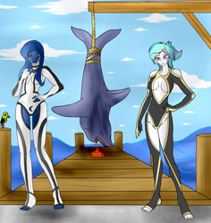 Size: 1700x1800 | Tagged: safe, artist:foxgearstudios, imported from derpibooru, princess celestia, princess luna, shark, equestria girls, blood, clothes, feet, hand on hip, hanging, outdoors, pier, swimsuit