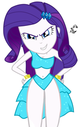 Size: 651x1024 | Tagged: safe, artist:flutteryaylove, imported from derpibooru, rarity, a photo booth story, eqg summertime shorts, equestria girls, belly button, breasts, cleavage, clothes, dress, female, rarislut, show accurate, show accurate porn, simple background, smiling, solo, white background