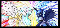 Size: 1700x800 | Tagged: safe, artist:foxgearstudios, imported from derpibooru, princess celestia, princess luna, alicorn, pony, abstract background, armor, duo, female, mare, royal sisters, s1 luna, siblings, sisters