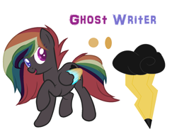 Size: 1903x1495 | Tagged: safe, artist:aonairfaol, imported from derpibooru, oc, oc only, oc:ghost writer, pegasus, pony, base used, colored wings, female, heterochromia, mare, multicolored hair, multicolored wings, offspring, parent:quibble pants, parent:rainbow dash, parents:quibbledash, pegasus oc, rainbow hair, rainbow wings, raised hoof, reference sheet, simple background, solo, white background, wings