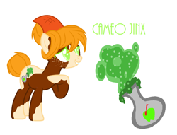 Size: 1741x1327 | Tagged: safe, artist:aonairfaol, imported from derpibooru, oc, oc only, oc:cameo jinx, earth pony, pony, earth pony oc, female, hat, hoof on chest, mare, offspring, option, parent:applejack, parent:trouble shoes, parents:troublejack, raised hoof, reference sheet, simple background, solo, white background