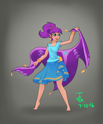 Size: 1036x1243 | Tagged: safe, artist:joan-grace, imported from derpibooru, oc, oc only, oc:high pitch, human, bracelet, clothes, dancing, feet, female, gradient background, humanized, humanized oc, jewelry, signature, skirt, smiling, solo