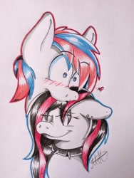 Size: 720x960 | Tagged: safe, artist:millefaller, imported from derpibooru, oc, oc only, oc:emala jiss, earth pony, pony, blushing, bust, duo, female, mare, signature, smiling, traditional art