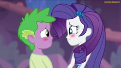 Size: 3642x2048 | Tagged: safe, alternate version, artist:georgegarza01, edit, imported from derpibooru, rarity, spike, equestria girls, equestria girls series, rollercoaster of friendship, blushing, female, high res, human spike, looking at each other, looking into each others eyes, male, rarity peplum dress, shipping, show accurate, sparity, straight