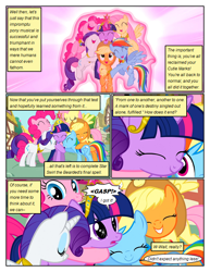 Size: 612x792 | Tagged: safe, artist:newbiespud, edit, edited screencap, imported from derpibooru, screencap, applejack, fluttershy, pinkie pie, rainbow dash, rarity, twilight sparkle, earth pony, pegasus, pony, unicorn, comic:friendship is dragons, magical mystery cure, a true true friend, applejack's hat, comic, cowboy hat, dialogue, element of generosity, element of honesty, element of kindness, element of laughter, element of loyalty, element of magic, elements of harmony, eyelashes, female, glowing horn, hat, horn, hug, levitation, magic, magic aura, mane six, mare, nose in the air, outdoors, self-levitation, smiling, telekinesis, unicorn twilight, wings