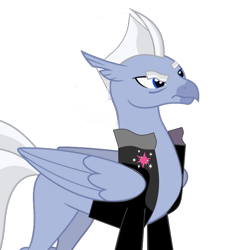 Size: 1024x1107 | Tagged: safe, artist:damiranc1, imported from derpibooru, oc, oc:roe pearl, classical hippogriff, hippogriff, clothes, eyebrows, jacket, male, raised eyebrow, roe pearl is not amused, ron perlman, simple background, solo, transparent background, vector