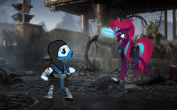 Size: 8890x5562 | Tagged: safe, artist:kyute-kitsune, artist:mysteriousshine, artist:ponygamer2020, imported from derpibooru, tempest shadow, earth pony, pony, unicorn, comic:the storm kingdom, my little pony: the movie, bipedal, crossover, crystal of light, eye scar, fanart, female, fight, general tempest shadow, glowing scar, kuai liang, male, mare, mortal kombat, mortal kombat 11, ponified, scar, stage, stallion, sub-zero, vector, video game, video game crossover