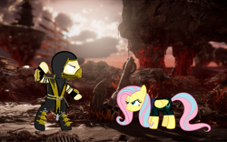 Size: 8890x5562 | Tagged: safe, artist:benpictures1, artist:kyute-kitsune, artist:ponygamer2020, imported from derpibooru, fluttershy, earth pony, pegasus, pony, comic:the storm kingdom, my little pony: the movie, badass, bipedal, bodysuit, clothes, command 6, commander fluttershy, crystal of light, female, fight, flutterbadass, hanzo hasashi, male, mare, mortal kombat, mortal kombat 11, ponified, scorpion (mortal kombat), stage, stallion, vector, video game, video game crossover