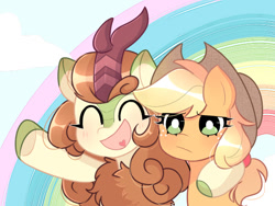 Size: 573x431 | Tagged: safe, artist:franshushu, imported from derpibooru, applejack, autumn blaze, earth pony, kirin, pony, sounds of silence, awwtumn blaze, blushing, cute, duo, eyes closed, female, mare, open mouth, rainbow