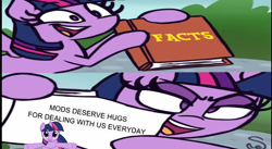 Size: 712x390 | Tagged: safe, imported from derpibooru, twilight sparkle, alicorn, caption, exploitable meme, hug, image macro, meme, meta, mods, signature, text, twilight sparkle (alicorn), twilight's fact book, wrong aspect ratio