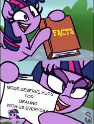 Size: 544x720 | Tagged: safe, imported from derpibooru, twilight sparkle, alicorn, caption, exploitable meme, hug, image macro, meme, meta, mods, signature, text, twilight sparkle (alicorn), twilight's fact book