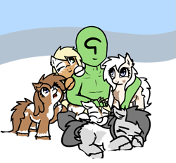 Size: 757x698 | Tagged: safe, artist:neuro, imported from ponybooru, oc, oc only, oc:anon, oc:puffins, human, pony, /mlp/, chest fluff, cuddle pile, ear fluff, ears, female, fluffy, looking at someone, looking at you, mare, one eye closed, piebald, sleeping, snow, snowpony (species), taiga pony, unshorn fetlocks, yakutian horse