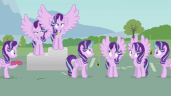 Size: 800x450 | Tagged: safe, artist:forgalorga, imported from derpibooru, starlight glimmer, alicorn, pony, :c, alicornified, animated, bronze medal, clipboard, frown, gif, gold medal, levitation, magic, magic glow, measuring, measuring tape, medal, multeity, narrowed eyes, pencil, podium, race swap, silver medal, spread wings, starlicorn, starlight cluster, starlight's world, telekinesis, unamused, wings, xk-class end-of-the-world scenario, youtube link
