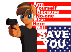 Size: 3600x2600 | Tagged: safe, artist:ponynamedmixtape, imported from derpibooru, oc, oc only, oc:mixtape, anthro, earth pony, american flag, blue eyes, flag, gun, looking at something, lyrics, male, propaganda, solo, text, upside down flag, weapon