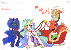 Size: 2480x1754 | Tagged: safe, artist:fensu-san, imported from twibooru, discord, princess celestia, princess luna, pony, christmas, holiday, image, png