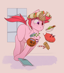 Size: 1300x1500 | Tagged: safe, artist:uliovka, imported from derpibooru, oc, oc only, oc:basura, pony, unicorn, birthday, birthday cake, cake, candy, candy cane, falling, food, halloween, holiday, jack-o-lantern, pan de muerto, pozole, pumpkin, rosca de reyes, solo, tamal