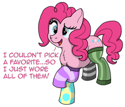 Size: 2964x2538 | Tagged: safe, artist:doodledonutart, imported from derpibooru, pinkie pie, earth pony, pony, chest fluff, clothes, cute, high res, mismatched socks, simple background, socks, solo, stockings, striped socks, text, thigh highs, transparent background