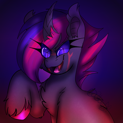 Size: 1439x1439 | Tagged: safe, artist:bluemoon, imported from derpibooru, oc, oc only, oc:splice dice, pony, unicorn, bat ears, eye clipping through hair, fangs, fluffy