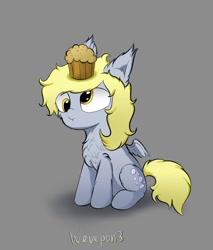 Size: 1021x1200 | Tagged: safe, artist:wevepon3, imported from derpibooru, derpy hooves, pegasus, pony, chest fluff, ear fluff, fluffy, food, messy mane, muffin, on head, solo