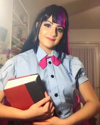 Size: 1080x1341 | Tagged: safe, artist:sarahndipity cosplay, imported from derpibooru, twilight sparkle, human, equestria girls, book, clothes, cosplay, costume, irl, irl human, photo