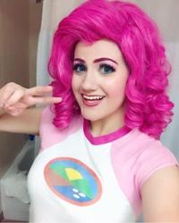 Size: 1080x1352 | Tagged: safe, artist:sarahndipity cosplay, imported from derpibooru, pinkie pie, human, equestria girls, legend of everfree, 2018, clothes, cosplay, costume, irl, irl human, peace sign, photo