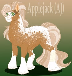 Size: 2448x2618 | Tagged: safe, artist:inisealga, imported from derpibooru, applejack, earth pony, pony, abstract background, alternate design, appaloosa, bald face, coat markings, facial markings, facial scar, gradient background, high res, male, markings, redesign, scar, socks (coat markings), text, transgender