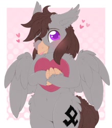 Size: 1749x2000 | Tagged: safe, artist:adostume, imported from derpibooru, oc, oc only, oc:luxor, classical hippogriff, hippogriff, bipedal, commissioner:luxorianin, cute, heart, heart pillow, hug, looking at you, ocbetes, one eye closed, pillow, pillow hug, simple background, solo, tongue out