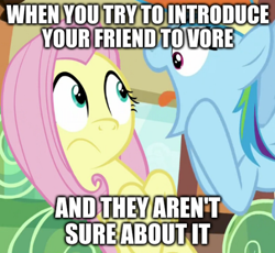 Size: 490x450 | Tagged: safe, edit, edited screencap, imported from derpibooru, screencap, fluttershy, rainbow dash, pegasus, pony, buckball season, season 6, caption, cropped, do not want, duo, female, image macro, implied vore, mare, meme, open mouth, text, tongue out