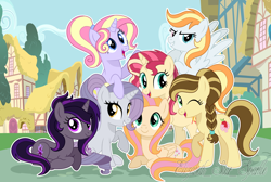 Size: 6352x4272 | Tagged: safe, artist:sunlightshimmer64, imported from derpibooru, oc, oc only, oc:apple flower, oc:dark sparkle, oc:fire desh, oc:flower shy, oc:melody, oc:sunlight shimmer, oc:sweet candy, earth pony, pegasus, pony, unicorn, base used, earth pony oc, horn, mane six opening poses, next generation, offspring, parent:big macintosh, parent:cherry fizzy, parent:fire streak, parent:flash sentry, parent:fluttershy, parent:hoity toity, parent:king sombra, parent:rainbow dash, parent:rarity, parent:sunset shimmer, parent:twilight sparkle, parents:firedash, parents:flashimmer, parents:fluttermac, parents:raritoity, parents:twibra, pegasus oc, pose, signature, unicorn oc
