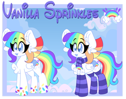Size: 1280x1008 | Tagged: safe, artist:ladylullabystar, imported from derpibooru, oc, oc only, oc:vanilla sprinkles, pegasus, pony, big ears, chest fluff, clothes, female, mare, multicolored hair, rainbow hair, scarf, socks, solo, striped socks