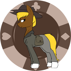 Size: 1500x1500 | Tagged: safe, artist:triplesevens, imported from derpibooru, oc, oc only, oc:acres, earth pony, pony, bag, blonde, blonde mane, blonde tail, brown coat, clothes, clubs, coat markings, cowboy hat, diamonds, earth pony oc, hat, heart, male, poker chips, ponybooru import, saddle bag, simple background, smiling, solo, spades, stallion, transparent background