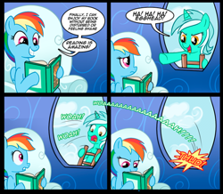 Size: 688x600 | Tagged: safe, artist:madmax, edit, imported from derpibooru, lyra heartstrings, rainbow dash, pegasus, pony, unicorn, book, comic, cropped, dialogue, duo, female, karma, l.u.l.s., ladder, laughing, mare, reading, speech bubble, this will end in pain