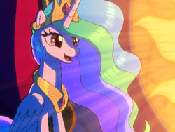 Size: 800x600 | Tagged: safe, artist:rangelost, imported from derpibooru, princess celestia, alicorn, pony, cyoa:d20 pony, crown, cyoa, jewelry, offscreen character, open mouth, pixel art, regalia, solo, stained glass window, story included, sunlight, throne, throne room