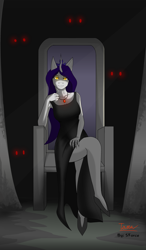 Size: 2195x3762 | Tagged: safe, artist:sforcetheartist, imported from derpibooru, oc, oc only, anthro, antagonist, clothes, dress, female, high res, jewelry, necklace, oc villain, red eyes, sharp teeth, shoes, solo, teeth, throne, yellow eyes