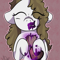 Size: 479x479 | Tagged: safe, artist:millefaller, imported from derpibooru, oc, oc only, earth pony, pony, bust, earth pony oc, eating, eye clipping through hair, eyelashes, eyes closed, female, food, jam, mare, signature, solo