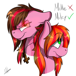 Size: 1020x1020 | Tagged: safe, artist:millefaller, imported from derpibooru, oc, oc only, earth pony, pony, bust, duo, earth pony oc, frown, jewelry, necklace, signature, simple background, smiling, white background