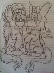 Size: 719x959 | Tagged: safe, artist:millefaller, imported from derpibooru, oc, oc only, dragon, pegasus, pony, :p, beanie, dragon oc, duo, fangs, hat, lineart, lined paper, pegasus oc, signature, smiling, tongue out, traditional art, wings