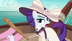 Size: 1280x720 | Tagged: safe, imported from derpibooru, screencap, pinkie pie, rarity, earth pony, pony, unicorn, ppov, boat, captain rarity, clothes, duo, duo female, female, offscreen character, open mouth, raised eyebrow, raristocrat, rose dewitt bukater, titanic