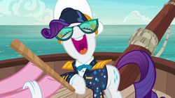 Size: 1280x720 | Tagged: safe, imported from derpibooru, screencap, pinkie pie, rarity, earth pony, pony, unicorn, ppov, boat, captain hat, captain rarity, duo, duo female, esophagus, eyes closed, faic, female, hat, laughing, mawshot, nose in the air, offscreen character, open mouth, uvula, volumetric mouth