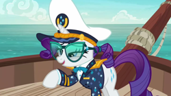 Size: 1920x1076 | Tagged: safe, imported from derpibooru, screencap, rarity, pony, unicorn, ppov, boat, captain hat, captain rarity, female, hat, solo