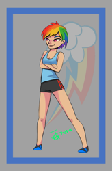 Size: 1369x2081 | Tagged: safe, artist:joan-grace, imported from derpibooru, rainbow dash, human, clothes, crossed arms, cutie mark background, female, humanized, shorts, solo