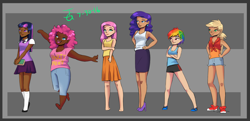 Size: 3526x1700 | Tagged: safe, artist:joan-grace, imported from derpibooru, applejack, fluttershy, pinkie pie, rainbow dash, rarity, twilight sparkle, human, equestria girls, abstract background, barefoot, blackwashing, book, clothes, dark skin, feet, female, humanized, mane six, pants, shoes, shorts, signature, skirt