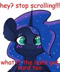 Size: 3413x4096 | Tagged: safe, artist:doegie, imported from derpibooru, princess luna, alicorn, pony, blushing, looking at you, smiling, text, wat