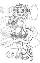 Size: 779x1200 | Tagged: safe, artist:sepiakeys, imported from derpibooru, rarity, anthro, unguligrade anthro, unicorn, book, clothes, maid, maidity, monochrome, solo